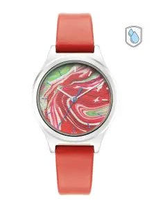 Fastrack Women Multicoloured Brass Printed Dial & Red Leather Straps Analogue Watch 6152SL07