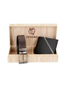 ZEVORA Men Brown Reversible Textured Belt and Wallet Combo