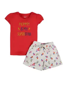 PLUM TREE Girls Cream-Coloured & Red Printed Top with Shorts