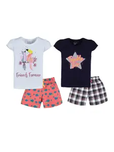 PLUM TREE Girls Set of 4 White & Black Cotton Printed Top with Shorts