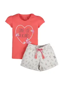 PLUM TREE Girls Red & Cream-Coloured Printed T-Shirt with Shorts