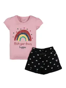 PLUM TREE Girls Black & Rose Printed T-shirt with Shorts
