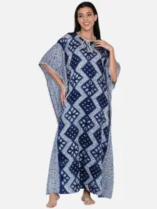 The Kaftan Company Women Navy Blue Printed Pure Cotton Maxi Nightdress
