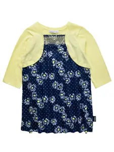 milou Navy Blue & Yellow Floral Printed Pure Cotton Top