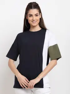 DOOR74 Women Navy Blue & White Colourblocked Drop-Shoulder Sleeves Boxy T-shirt