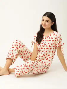 DressBerry Women Off White & Red Printed Night suit
