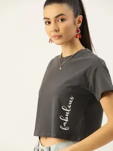 DressBerry Women Charcoal Grey Printed Crop T-shirt
