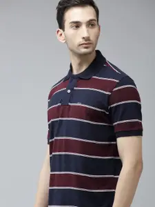 Arrow Men Navy Blue & Burgundy Striped Pure Cotton Polo Collar T-shirt