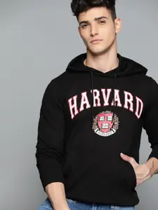 Harvard Men Black & White Printed Hooded Sweatshirt