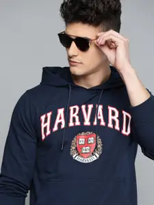 Harvard Men Navy Blue & White Printed Hooded Sweatshirt