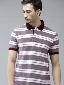 Arrow Men Maroon & White Striped Regular Fit Polo Collar Casual T-shirt