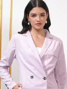 CHIC BY TOKYO TALKIES Women Lavender Solid Double-Breasted Cropped Casual Blazer