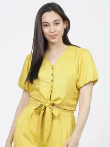Tokyo Talkies Yellow Blouson Sleeves Front-Knot Regular Top