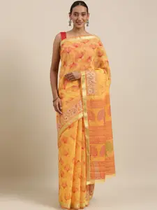 The Chennai Silks Yellow & Magenta Floral Pure Cotton Chanderi Saree