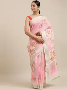 The Chennai Silks Pink & Brown Floral Zari Linen Blend Fusion Saree