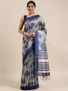The Chennai Silks Beige & Blue Floral Fusion Saree