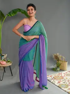 Suta Purple & Green Colourblocked Mul Saree