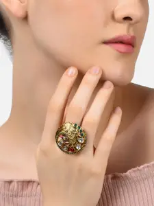 Zaveri Pearls Gold-Plated Red & White Kundan-Studded Adjustable Meenakari Finger Ring