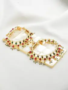 Zaveri Pearls Set Of 2 Gold-Plated Green & Pink Kundan-Studded & Beaded Anklets