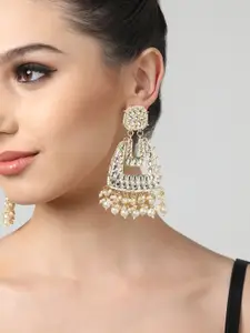 Zaveri Pearls Gold-Toned Kundan & Pearls Studded Gold-Plated Contemporary Drop Earrings