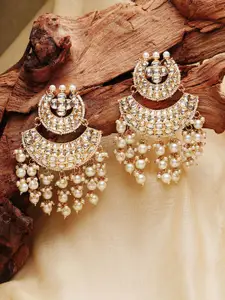 Zaveri Pearls Gold-Plated & White Pearls Beaded Kundan Studded Chandbalis Earrings