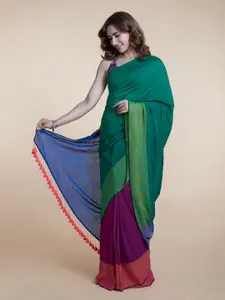 Suta Green & Maroon Pure Cotton Colourblocked Handloom Saree