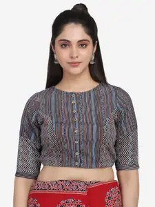 THE WEAVE TRAVELLER Women Blue & White Printed Cotton Saree Blouse