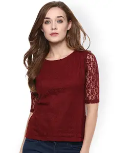 Miss Chase Women Maroon Lace Regular Top