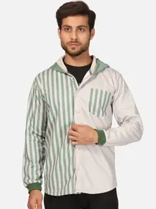 BULLMER Men Green Striped Fleece Hooded Sweatshirt