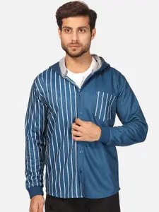 BULLMER Men Navy Blue Striped Fleece Hooded Sweatshirt
