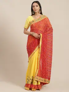 RAJGRANTH Red & Yellow Bandhani Ready to Wear Bandhani Saree