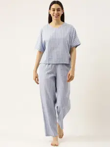 Clt.s Women Blue Pure Cotton Striped Night Suit C1166