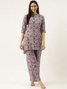 Clt.s Women Blue & Red Floral Printed Cotton Night suit