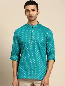 RAJUBHAI HARGOVINDAS Men Teal Ethnic Motifs Dobby Kurta