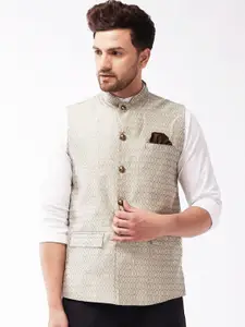 VASTRAMAY Men Beige & Grey Woven Design Nehru Jackets