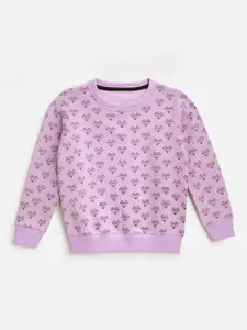 YK Girls Purple Printed Cotton Sweatshirt