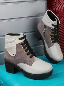TWIN TOES Grey & Brown Colourblocked High-Top Block Heeled Boots