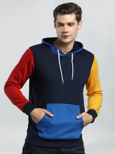 Maniac Men Navy Blue & Yellow Colourblocked Pure Cotton Hooded Sweatshirt