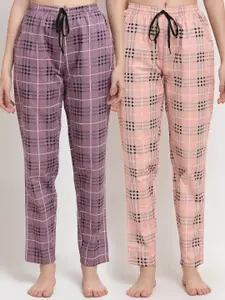 Claura Women Purple & Peach Checked Cotton Pack of 2 Lounge Pant
