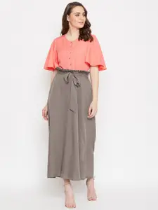 Bitterlime Women Coral & Grey Flutter Sleeves Top with Skirt