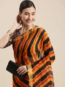 Geroo Jaipur Black & Orange Leheriya Art Silk Leheriya Saree