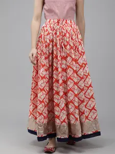 Geroo Jaipur Women Orange Printed Cotton Flared Maxi Skirt