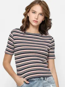 ONLY Women Pink Striped Slim Fit T-shirt