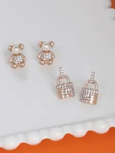 Zaveri Pearls Set Of 2 Rose Gold & White Cubic Zirconia Contemporary Studs Earrings
