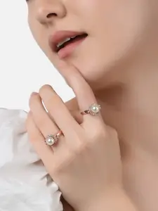 Zaveri Pearls Set Of 2 Rose Gold-Plated White CZ-Studded & Beaded Adjustable Finger Rings