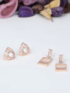 Zaveri Pearls Set of 2 Rose Gold Plated Contemporary Drop Earrings