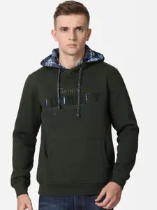 t-base Men Olive Green Typography Printed Cotton Hooded Pullover Sweatshirt