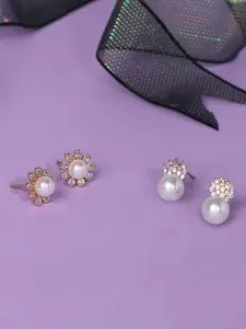 Zaveri Pearls Set of 2 Gold-Plated Gold-Toned & White Contemporary Studs Earrings