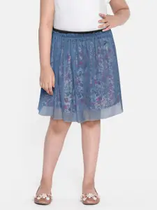 luyk Girls Blue & White Floral Print Layered Net Pure Cotton A-Line Skirt