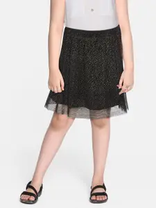 luyk Girls Black & Golden Ditsy Abstract Print Net A-Line Mini Skirt